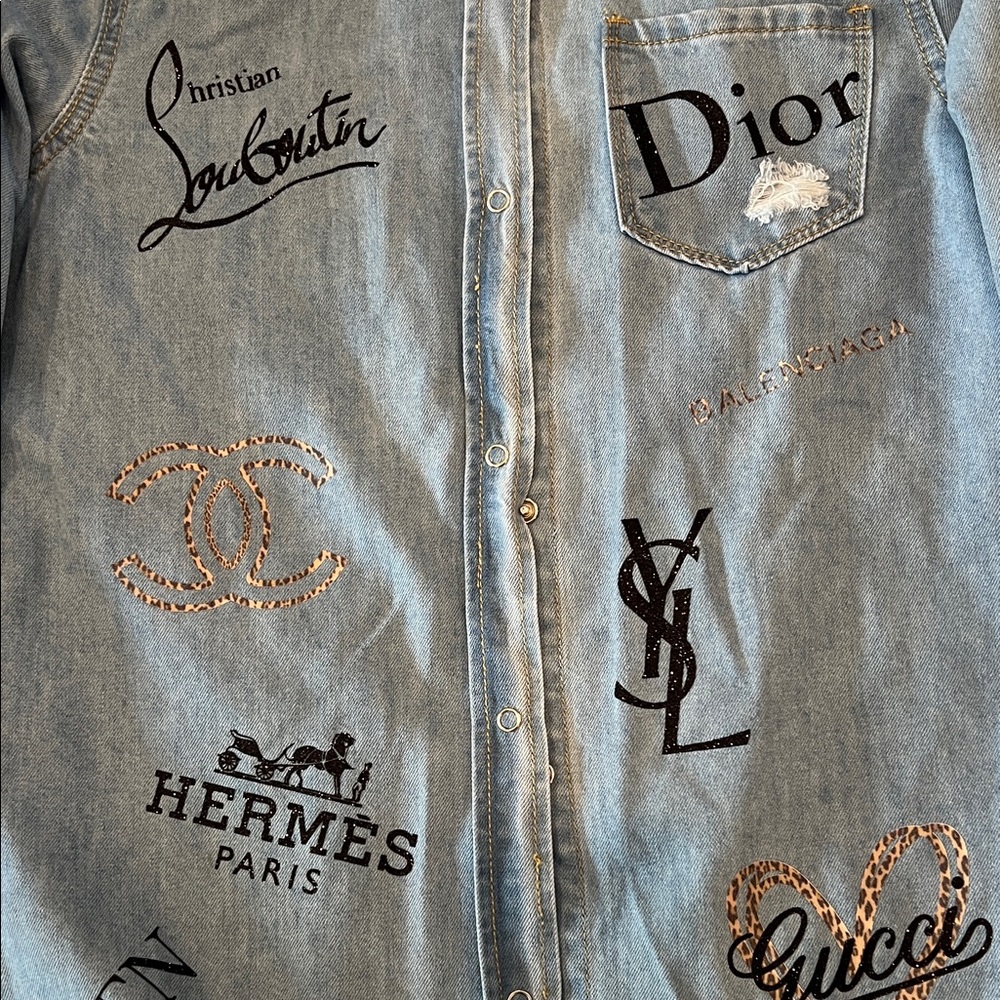 Dior Light Blue Distressed Denim Logo Patchwork Shirt Jacket - Picture 2 of 4